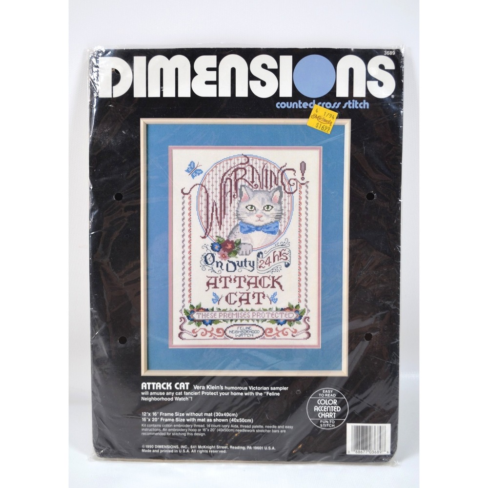 1990 Dimensions " Attack Cat "‎ Counted Cross Stitch Kit #3689 NEW Open Complete